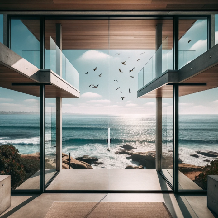 Modern bay windows offering a panoramic view of the San Diego coastline with flying birds and shimmering sea.