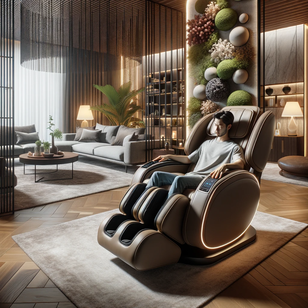 Individual enjoying a therapeutic session in a high-end massage chair, set against a modern living room backdrop with ambient lighting and decorative hanging plants.